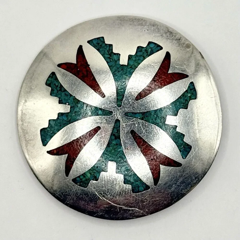 Carl Allen Begay Coral Turquoise Inlay Signed Navajo Native American Pin Brooch
